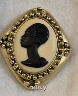 Vintage Coreen Simpson Black African American Cameo Brooch Pin Gold Tone