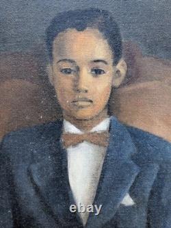 Vintage Mid 20th Century Oil On Masonite Painting African American Seated Youth