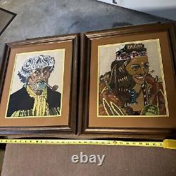 Vintage Portrait African American Black Man & Woman MCM Folk Art Knitted WPA NY