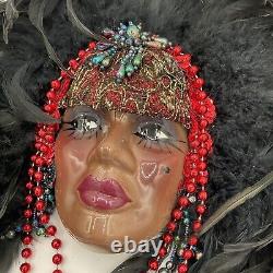 Vintage Unique Creations Black African American Porcelain Mask Queen Feathers