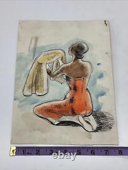 Vintage WPA Era Watercolor and Pencil Drawing of African American black Woman