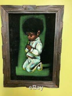 Vtg Velvet Framed Painting African American Boy and Girl in Pyjamas Praying
