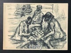 WPA Style pencil sign lithograph AFRICAN AMERICAN BLACK Men at checkers